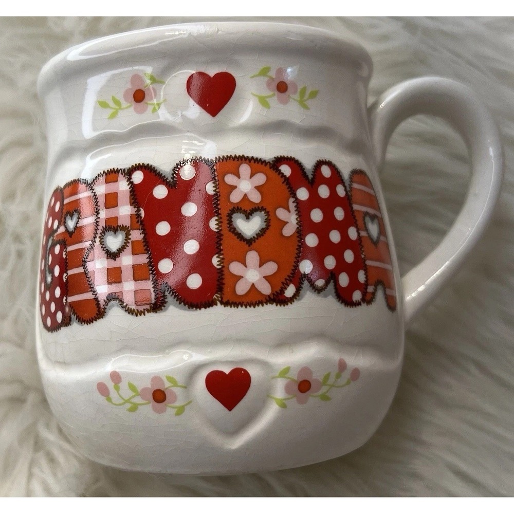 Vintage 1984 Enesco Grandma Coffee Mug Patchwork Hearts Floral Made in Japan